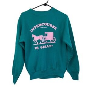 Vtg 80s 90s Intercourse Pennsylvania Sweatshirt Medium Green Pullover Novelty US